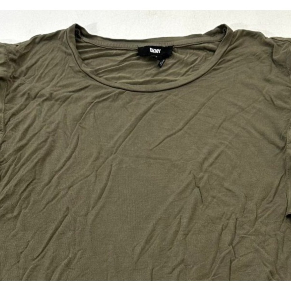 DKNY Women's Ruffle Sleeve Top Olive Green Crew Neckline Relaxed Fit, Size L